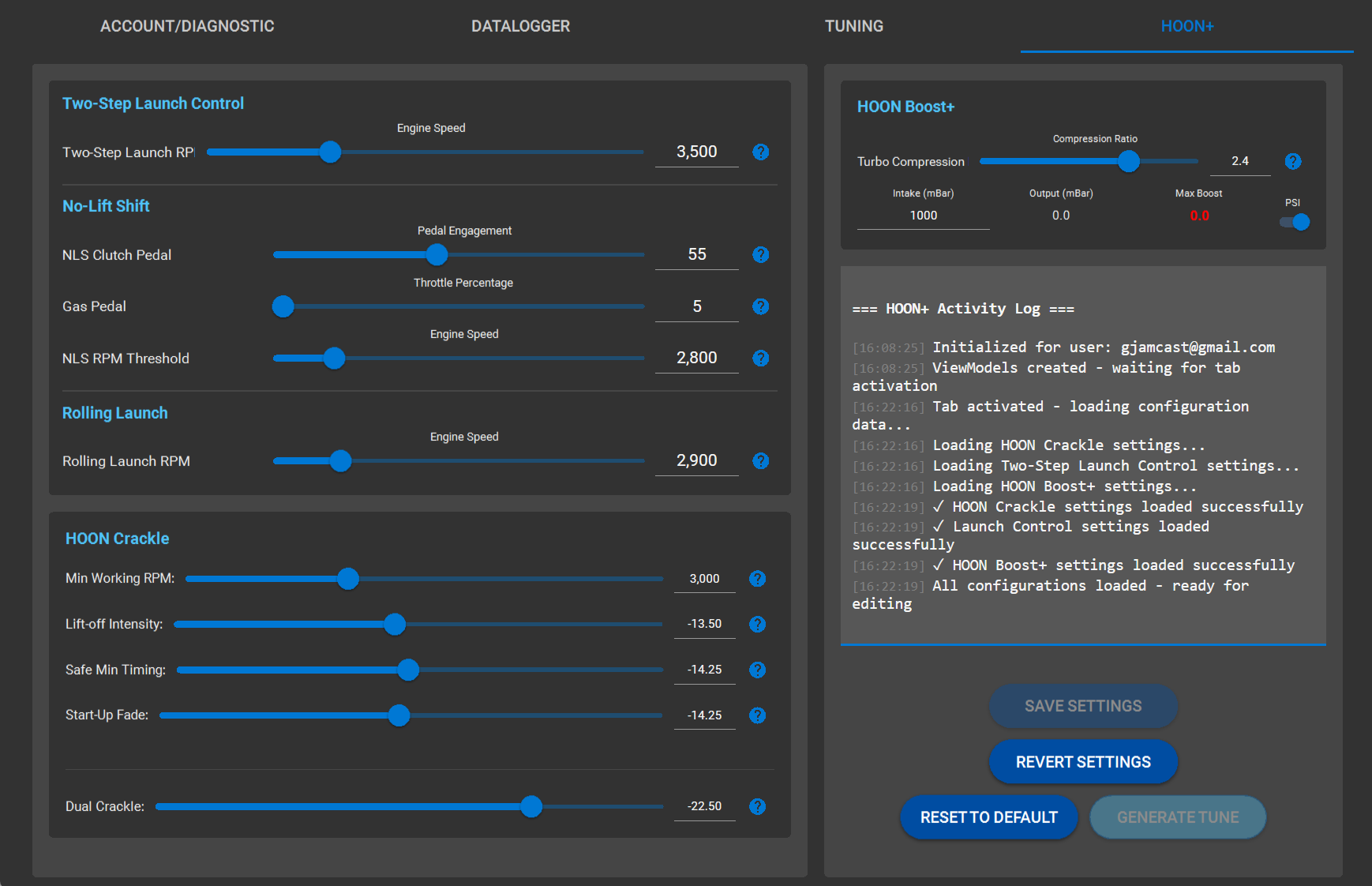 HOON+ main interface showing slider controls