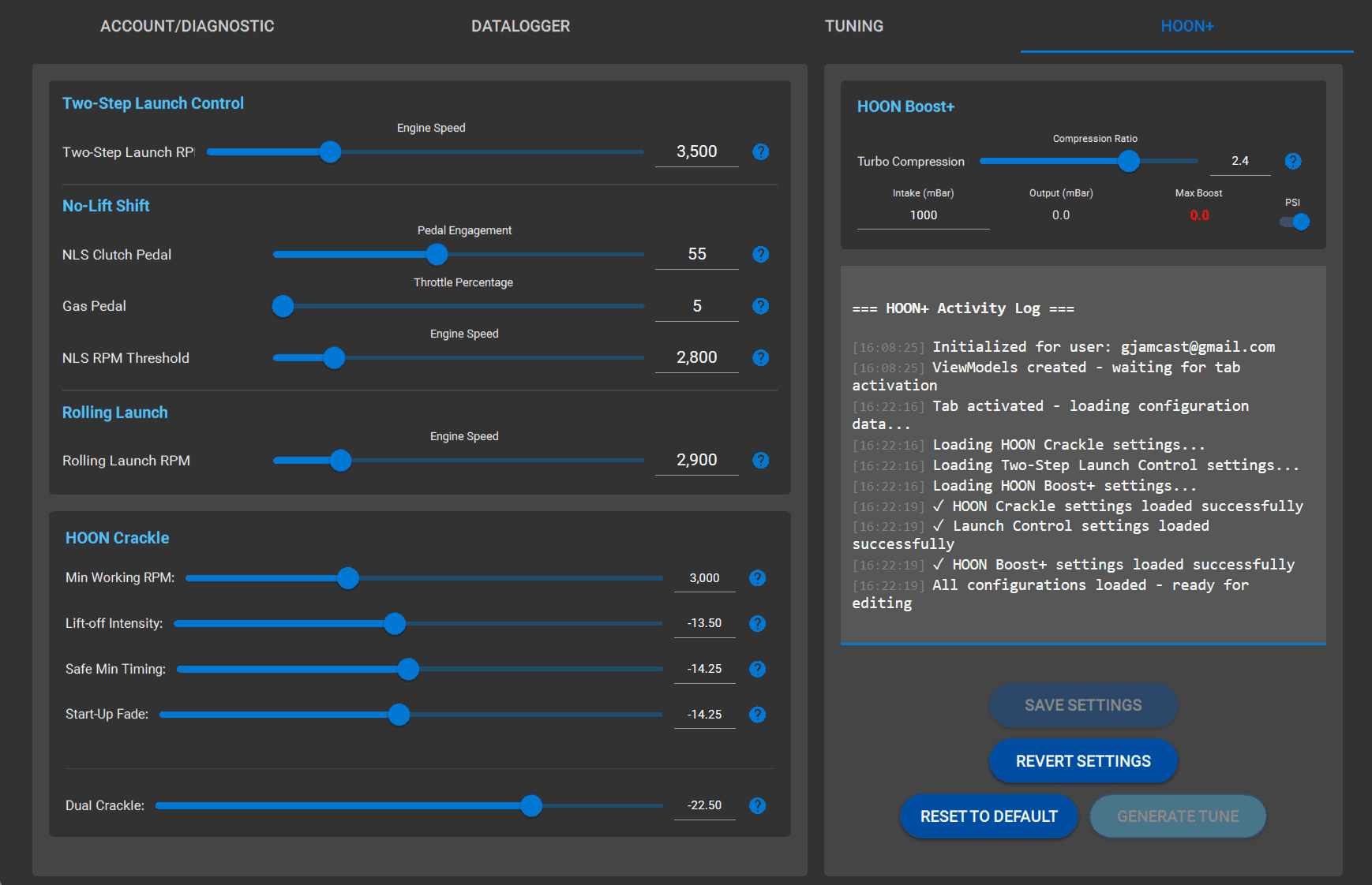 HOON+ main interface showing slider controls